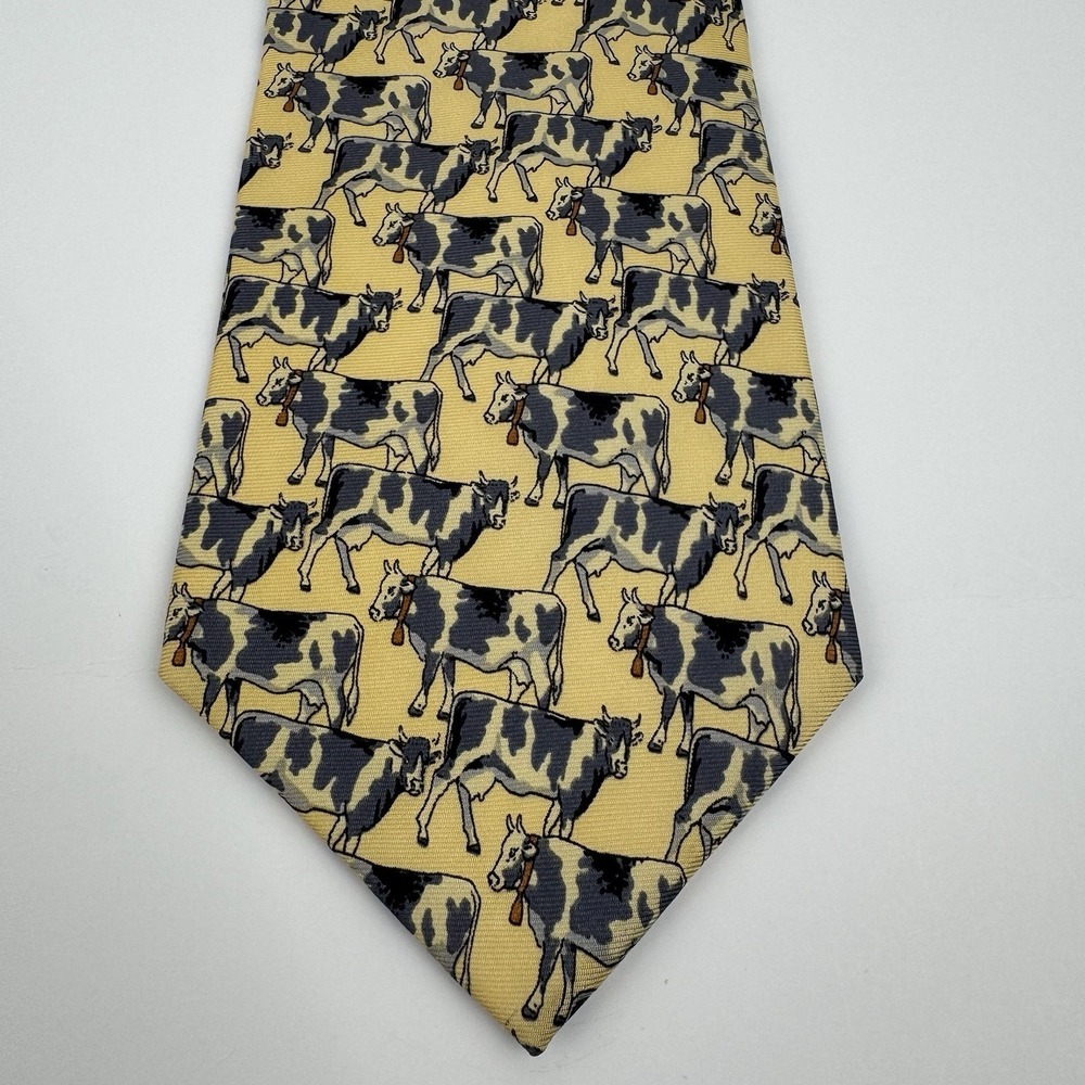 Beaufort Silk Tie Novelty Cow Lovers Print Italy Made Butter Yellow Gift Preppy
